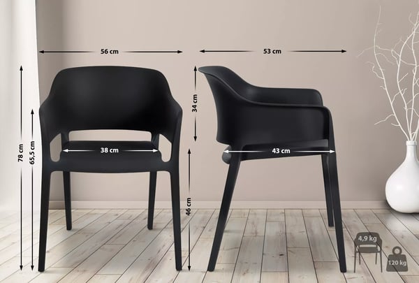 Sæt med 2 Puebla stabelstole, sort plast, moderne udendørs/indendørs brug