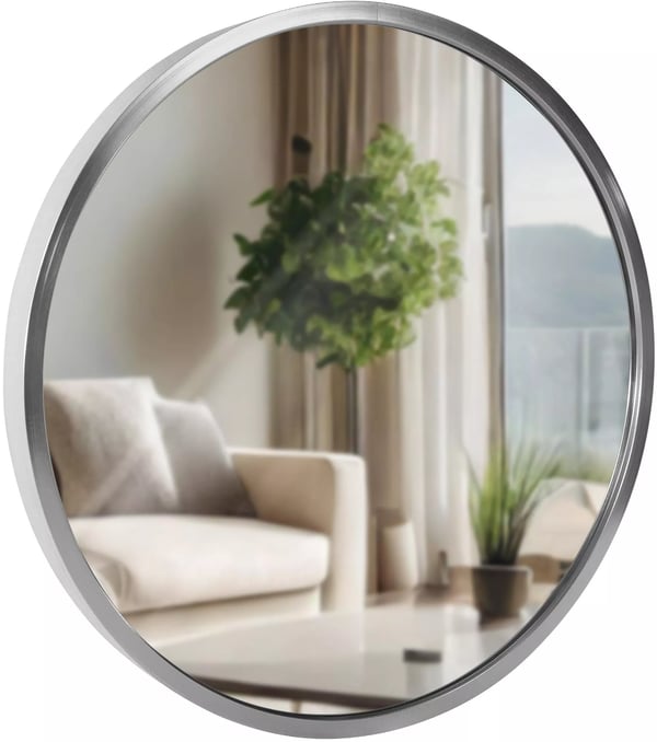Elsie S Vægspejl - Rund Sølv Metalramme, 30 cm Diameter Spejl | Krogmontering Inkluderet