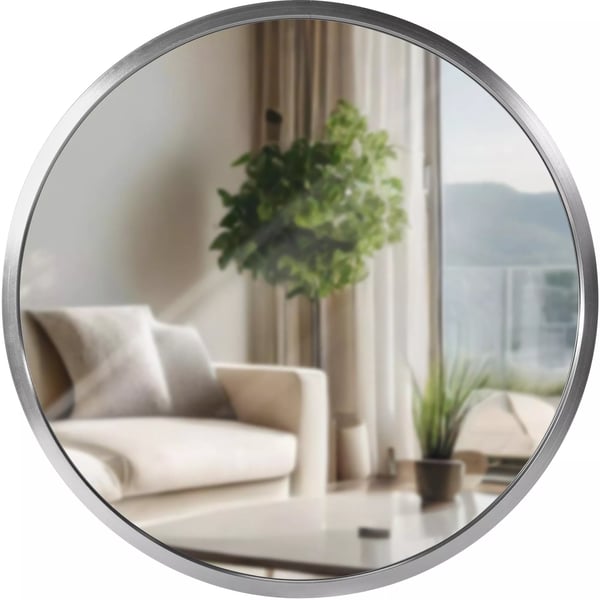 Elsie S Vægspejl - Rund Sølv Metalramme, 30 cm Diameter Spejl | Krogmontering Inkluderet