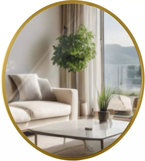 Elsie M Vægspejl - Moderne Rundt Spejl, Guldfarvet Blank Metalramme, 45 cm Diameter