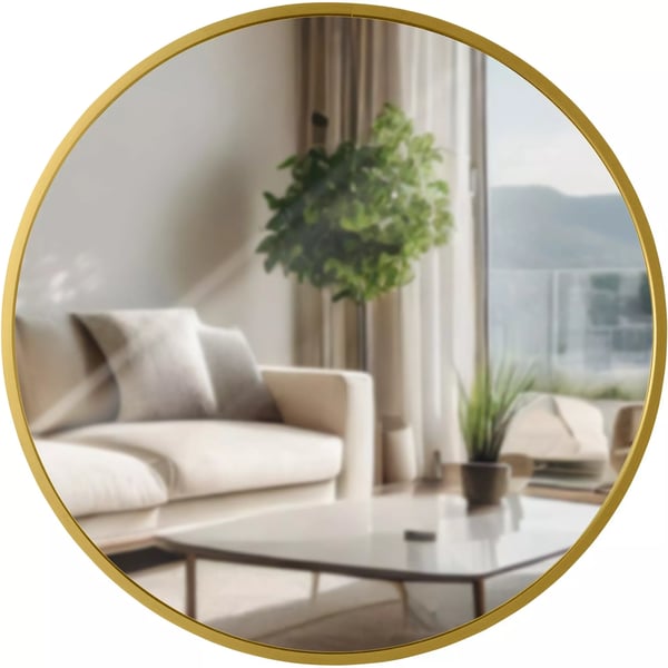 Elsie M Vægspejl - Moderne Rundt Spejl, Guldfarvet Blank Metalramme, 45 cm Diameter