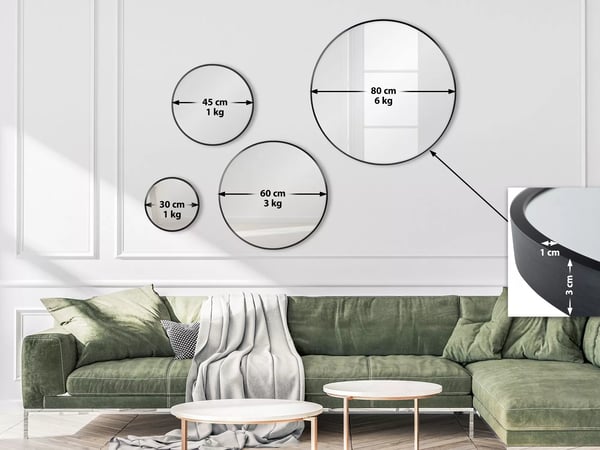 Elsie XL Vægspejl, 80 cm Diameter, Rundt, Sort Metalramme med Aluminiumsstativ Materiale