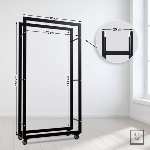 Keri Brændestativ med Hjul, Sort Metal - 25x80x150 cm