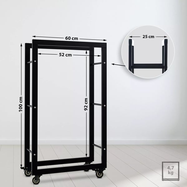 Keri Brændestativ i Metal med Hjul - Sort, Pulverlakeret, Indendørs/Udendørs Opbevaring (25x60x100cm)