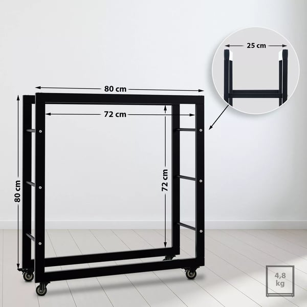 Polttopuuteline Keri metallinen rullilla, musta, 25x80x80 cm