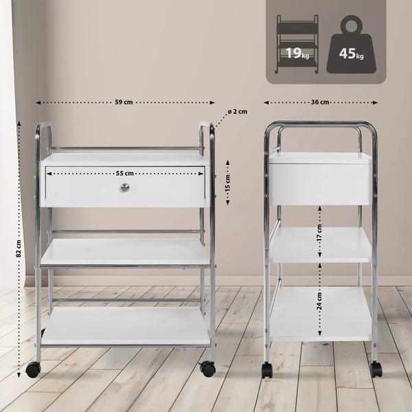 PL912 Rullebord med 3 hylder, skuffe med soft-close, hvidt træ, rustfrit stålramme, låsbare hjul