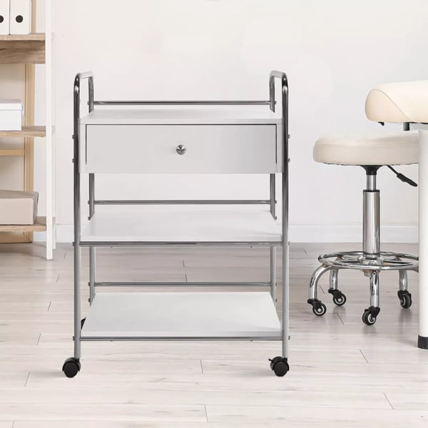 PL912 Rullebord med 3 hylder, skuffe med soft-close, hvidt træ, rustfrit stålramme, låsbare hjul