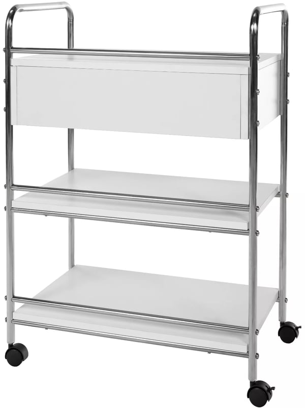 PL912 Rullebord med 3 hylder, skuffe med soft-close, hvidt træ, rustfrit stålramme, låsbare hjul