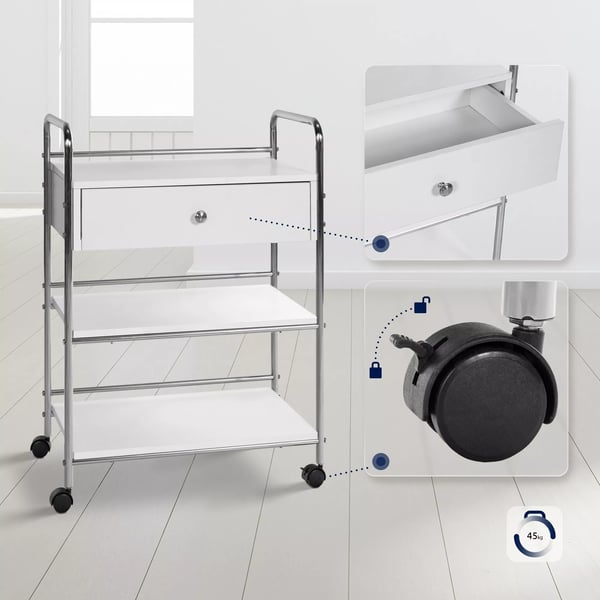 PL912 Rullebord med 3 hylder, skuffe med soft-close, hvidt træ, rustfrit stålramme, låsbare hjul
