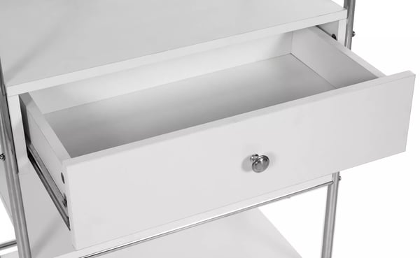PL912 Rullebord med 3 hylder, skuffe med soft-close, hvidt træ, rustfrit stålramme, låsbare hjul