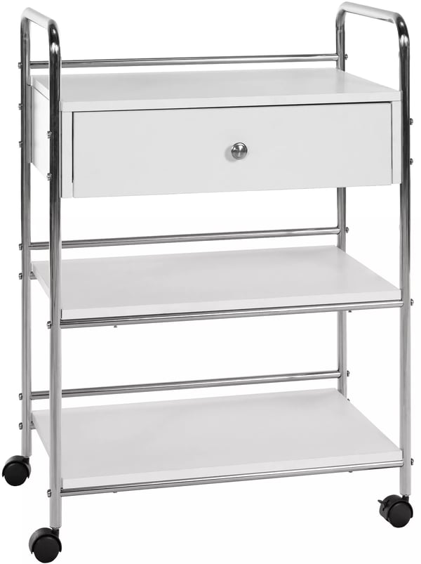 PL912 Rullebord med 3 hylder, skuffe med soft-close, hvidt træ, rustfrit stålramme, låsbare hjul