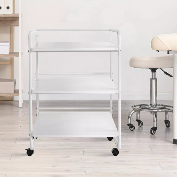 Vit rullande verktygsvagn i metall med 3 hyllor, 61x51x82 cm, 60 kg kapacitet för salonger/verkstäder/hem