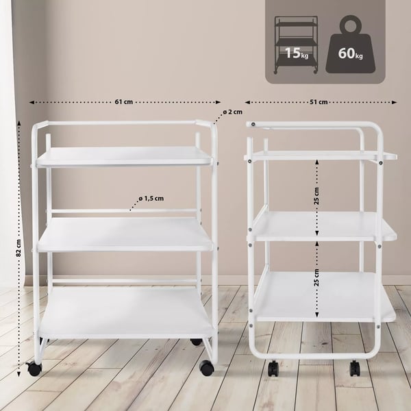 Vit rullande verktygsvagn i metall med 3 hyllor, 61x51x82 cm, 60 kg kapacitet för salonger/verkstäder/hem