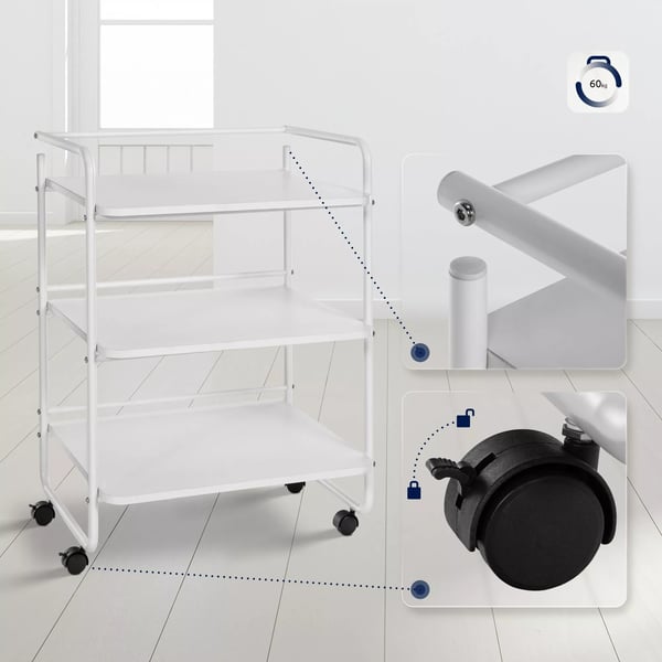 Vit rullande verktygsvagn i metall med 3 hyllor, 61x51x82 cm, 60 kg kapacitet för salonger/verkstäder/hem