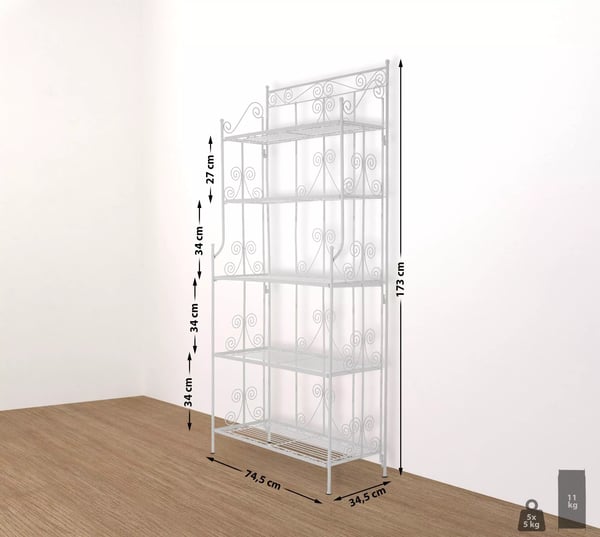 Ciara metallihylly, 5 taso, valkoinen, 173x74.5x34.5 cm