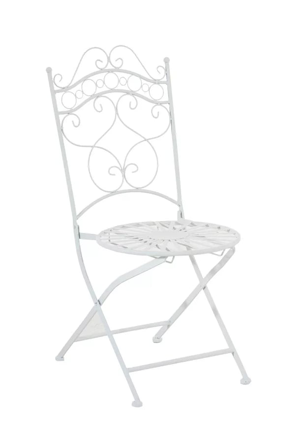 Vit metallstol Indra med galvaniserat järnställ - Antik patinafinish, handgjorda trädgårdsmöbler, 92 cm H