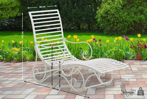 Amiens Havestol - Liggestol i metal med antik look og robust stel, hvid, 140x58x101cm, 15kg