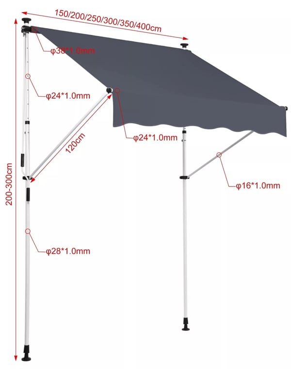 Westerly 250x120 cm Klemme Markise - Antracit Stof, Stålrørsramme, UV50+ Klassificeret