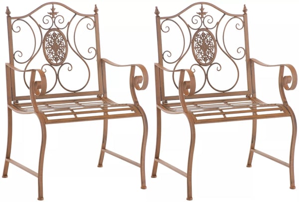 Sæt med 2 antikke brune metal Art Nouveau havestole med patinering, indendørs/udendørs brug, maks. belastning 200 kg