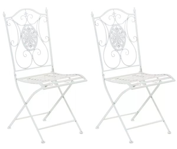 2x Sibell Hvide Metal Foldbare Havestole med Antik Patina Finish, Sæt med 2 2x Sibell Hvide Metal Foldbare Havestole med Antik Patina Finish, Sæt med 2