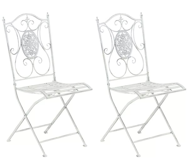 Sæt med 2 Sibell Foldbare Havestole, Antikhvid Metal med Håndlavet Nostalgisk Flair, Pladsbesparende Design