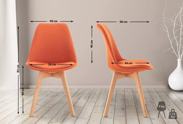 Sæt med 4 orange spisebordsstole i imiteret læder med træben