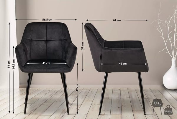 Emia fløjlsbesøgsstol med mat sort metalstel