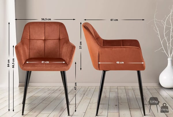Emia fløjlsgæstestol med mat sort metalramme - Brun