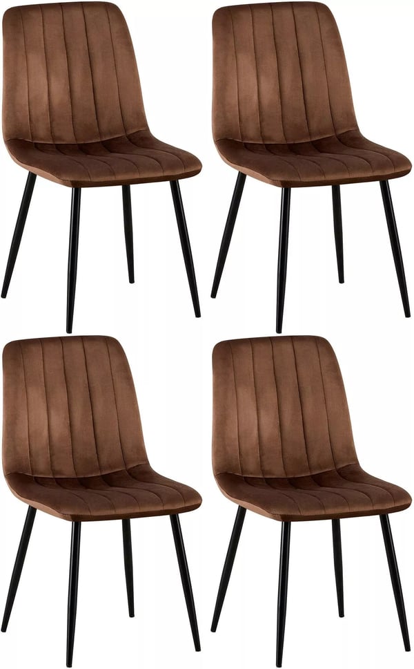 Sæt med 4 Dijon brune velourstole med metalstel - Gulvbeskyttere inkluderet - Nem pleje stof - Moderne tidløst design - 4-benet robust stel