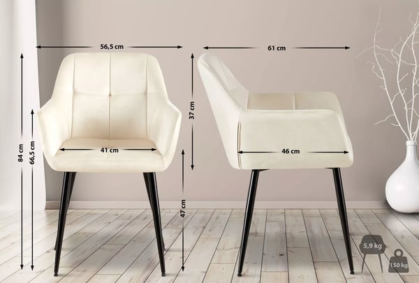 Emia fløjlsgæstestol med mat sort metalstel - creme