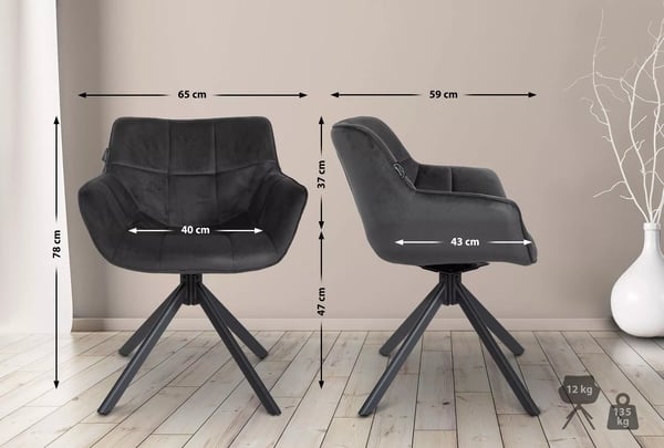 Westport Mørkegrå Fløjl Drejelig Spisebordsstol med Mat Sort Metalstel