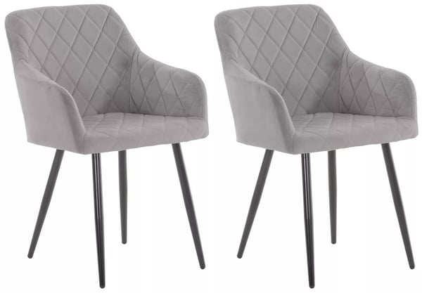 Sæt med 2 grå velour spisebordsstole med metalstel, komfortable polstrede sæder og ryglæn