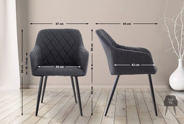 Sæt med 2 sorte stofspisebordsstole med metalstel
