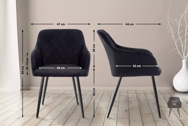 Sæt med 2 sorte velour spisebordsstole med metalstel