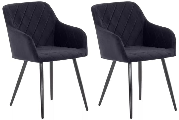 Sæt med 2 sorte velour spisebordsstole med metalstel