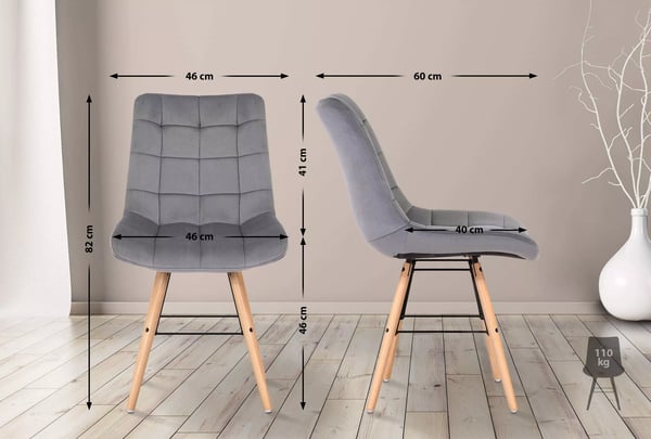 Sæt med 2 Leni grå velour spisebordsstole med træben