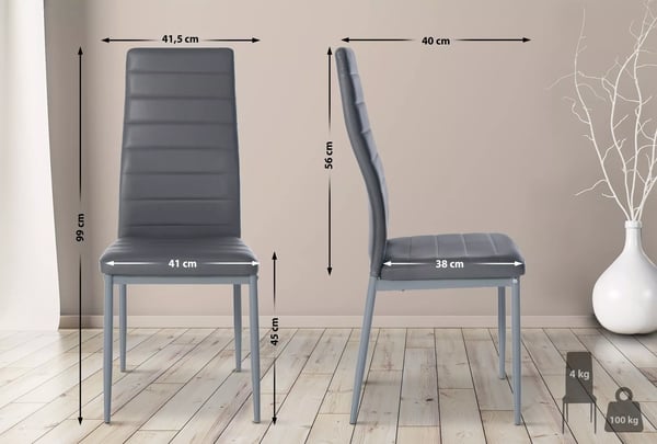 Set med 4 grå matstolar i konstläder med metallben, Mayfair Collection