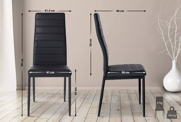 Sæt med 4 sorte spisebordsstole i kunstlæder med metalstel