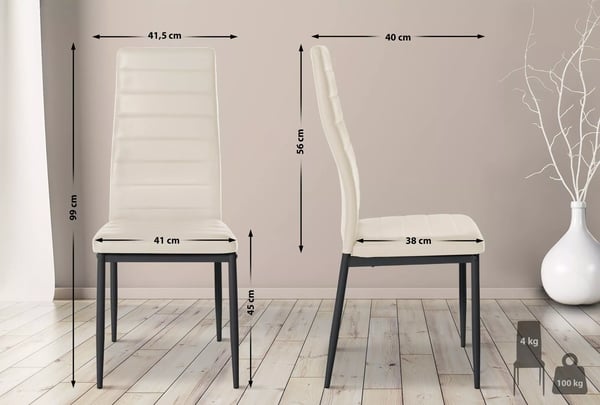 Sæt med 6 cremefarvede spisebordsstole i kunstlæder med metalfod