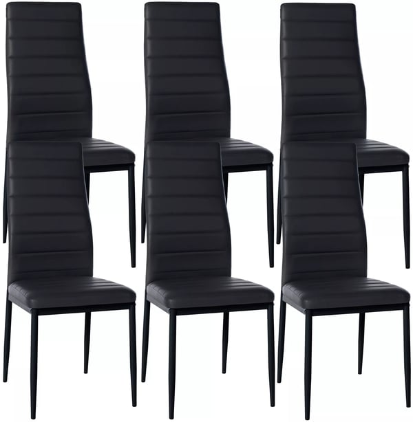 Set med 6 svarta Mayfair-matstolar i konstläder med metallben