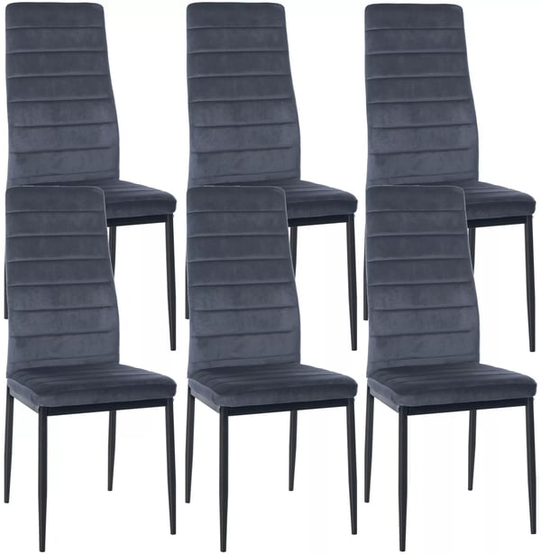Set med 6 ljusgrå matstolar i konstläder och metallram
