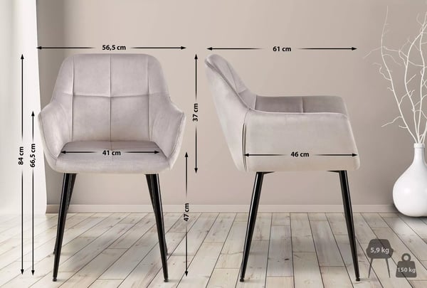 Sæt med 2 Emia Lysegrå Fløjl Spisebordsstole med Mat Sort Metalstel