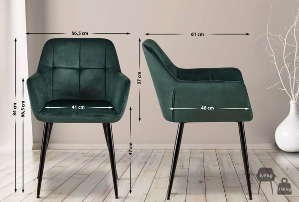 2 x Emia-samettituoli, vihreä, mattamusta metallirunko