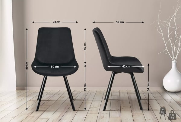 Lewes sort fløjl drejelig spisebordsstol med metalramme