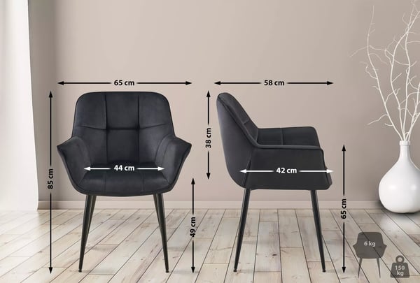 Roseville fløjlsspisebordsstol - Sort metalramme