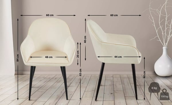 Boise Sæt med 2 Creme Fløjl Spisestuestole med Matte Sorte Metalben