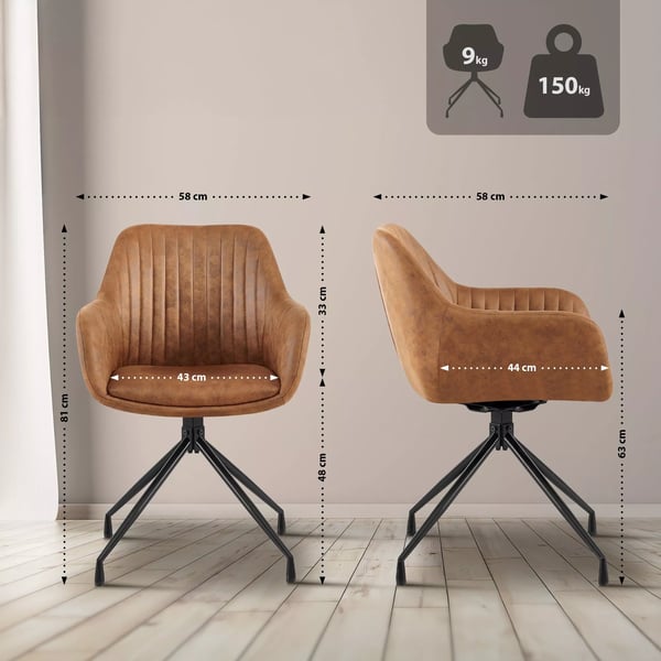 Welby Vintage Spisebordsstol, Lysebrunt Kunstlæder med Mat Sort Metalstel, 180 Drejefunktion