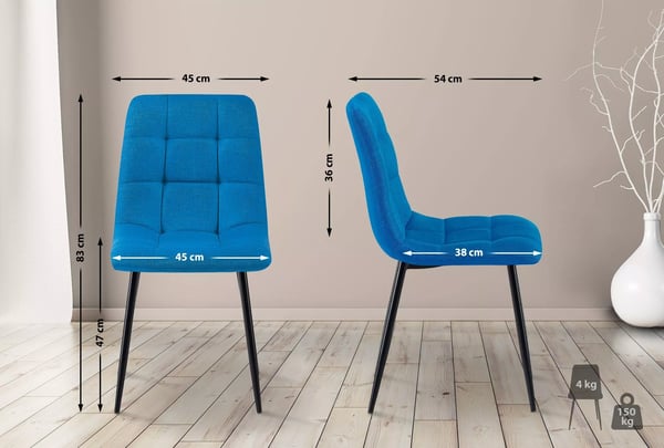 Sæt med 2 lyseblå Tilde stofspisebordsstole med metalben