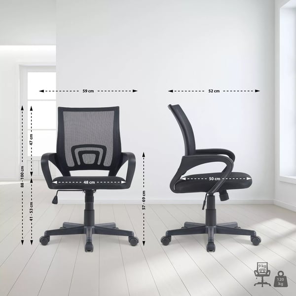 Genius Ergonomisk Kontorstol med Netryg, Justerbar Højde, Vippemekanisme og Holdbar Plastramme - Sort