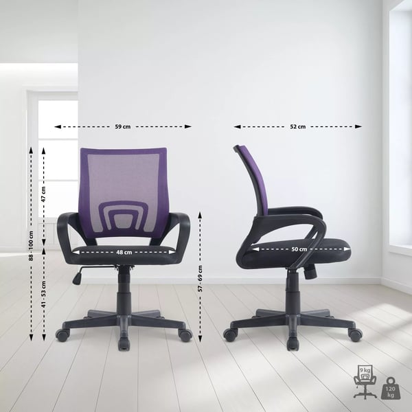 Genius kontorstol - Lilla imiteret læder med plastikstel, ergonomisk netryg, justerbar højde og vip, 120 kg maks. belastning